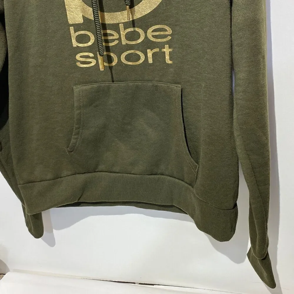 Bebe Sport Women's Green Gold Graphic Logo‎ Pullover Hoodie Size Medium